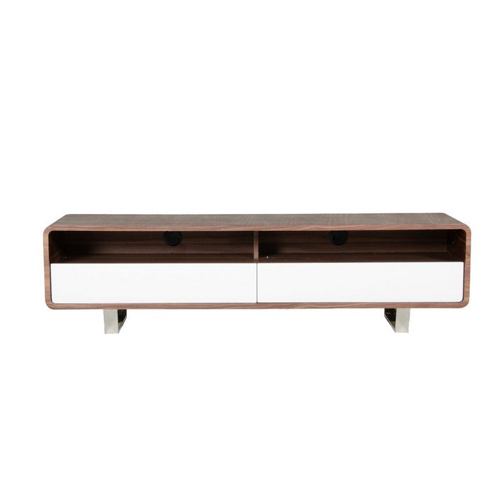 Wooden TV Stand with 2 Drawers and 2 Compartments, Brown and White
