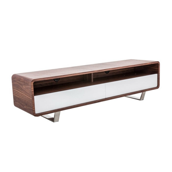 Wooden TV Stand with 2 Drawers and 2 Compartments, Brown and White