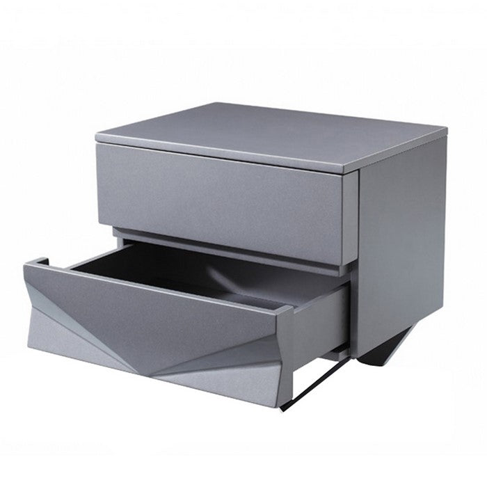 Wooden Nightstand with 2 Drawers and V Shaped Metal Legs, Gray