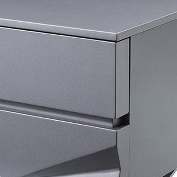Wooden Nightstand with 2 Drawers and V Shaped Metal Legs, Gray