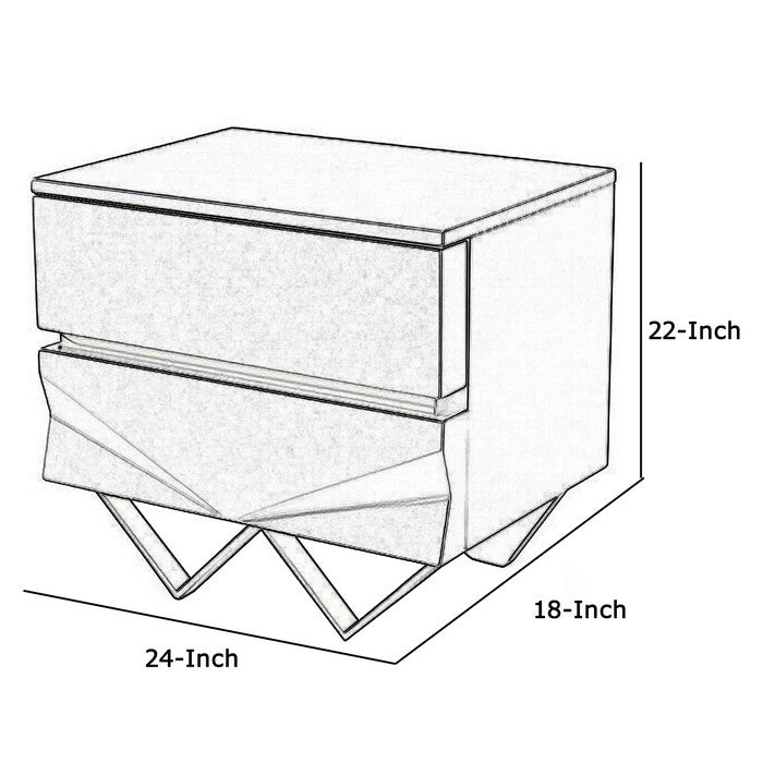 Wooden Nightstand with 2 Drawers and V Shaped Metal Legs, Gray