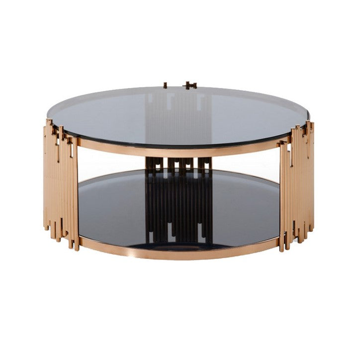 Coffee Table with Round Smoked Glass Top and Metal Pipe Frame, Rose Gold