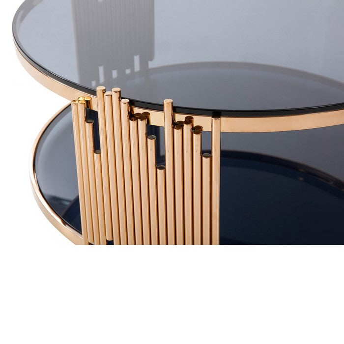 Coffee Table with Round Smoked Glass Top and Metal Pipe Frame, Rose Gold