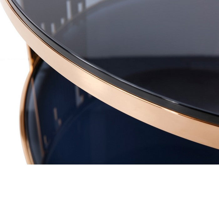 Coffee Table with Round Smoked Glass Top and Metal Pipe Frame, Rose Gold