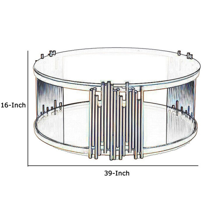 Coffee Table with Round Smoked Glass Top and Metal Pipe Frame, Rose Gold