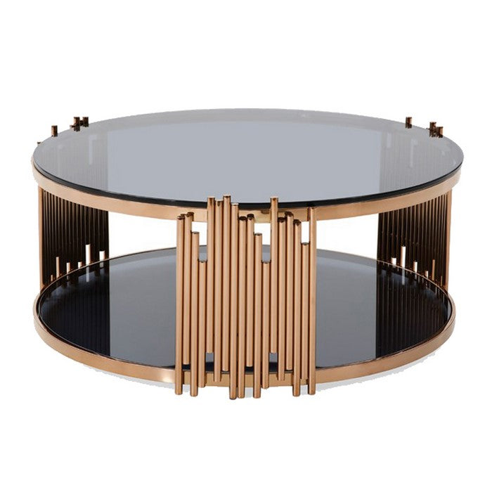 Coffee Table with Round Smoked Glass Top and Metal Pipe Frame, Rose Gold