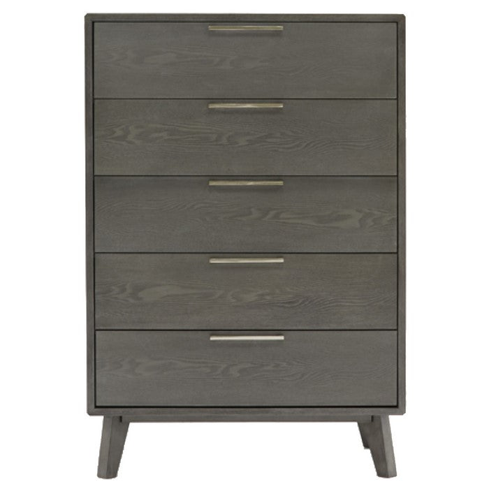5 Drawer Wooden Chest with Metal Bar Handles and Tapered Legs, Gray