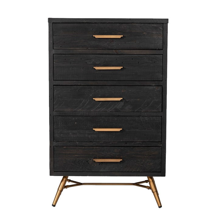 5 Drawer Wooden Chest with Metal Bar Handles and Angled Legs,Black and Gold
