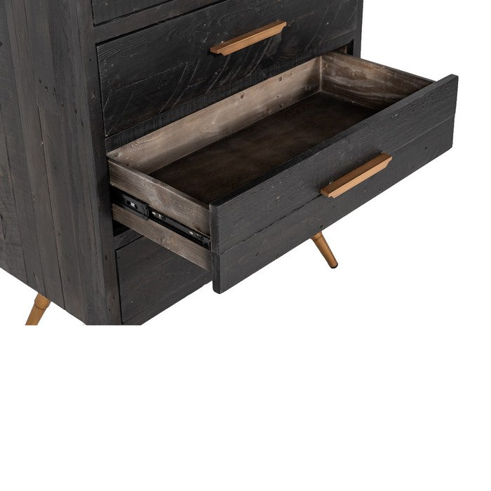5 Drawer Wooden Chest with Metal Bar Handles and Angled Legs,Black and Gold