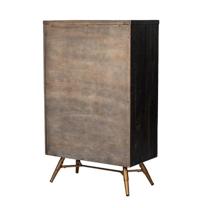 5 Drawer Wooden Chest with Metal Bar Handles and Angled Legs,Black and Gold