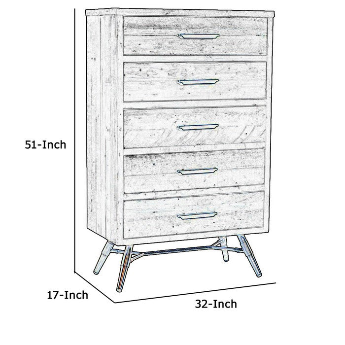 5 Drawer Wooden Chest with Metal Bar Handles and Angled Legs,Black and Gold