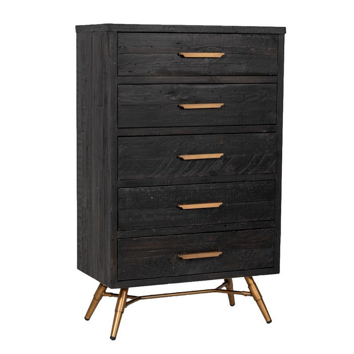 5 Drawer Wooden Chest with Metal Bar Handles and Angled Legs,Black and Gold