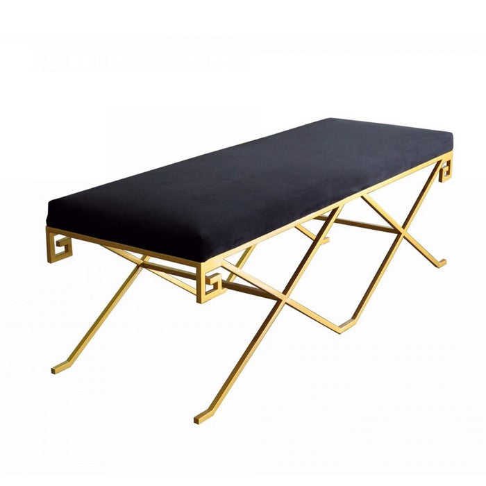 Fabric Upholstered Bench with Geometrical Metal Base, Black and Gold
