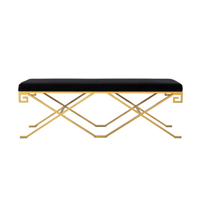 Fabric Upholstered Bench with Geometrical Metal Base, Black and Gold