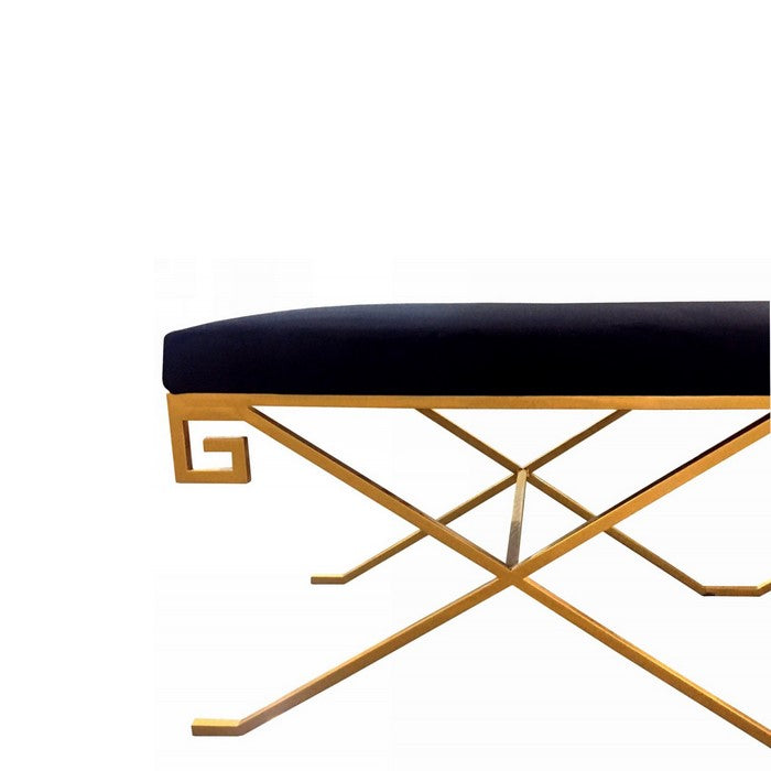 Fabric Upholstered Bench with Geometrical Metal Base, Black and Gold