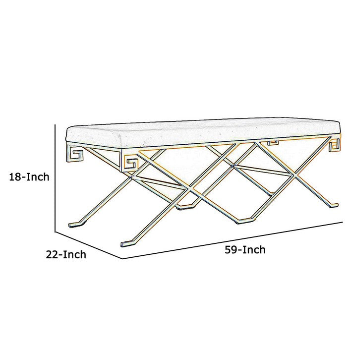 Fabric Upholstered Bench with Geometrical Metal Base, Black and Gold