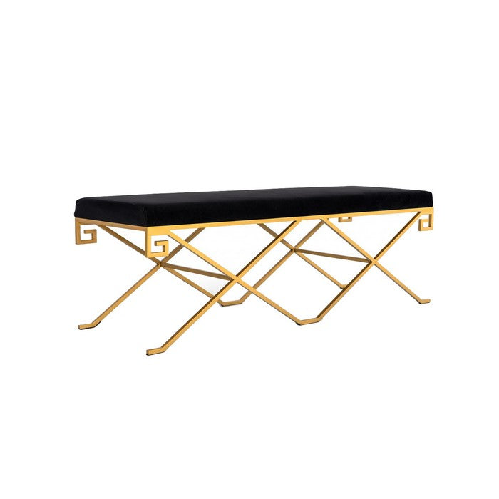 Fabric Upholstered Bench with Geometrical Metal Base, Black and Gold