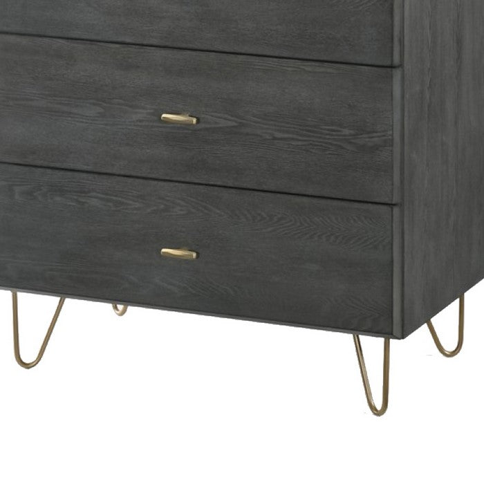 5 Drawer Wooden Chest with Metal Hairpin Legs, Gray and Gold