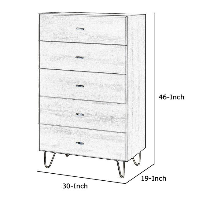 5 Drawer Wooden Chest with Metal Hairpin Legs, Gray and Gold