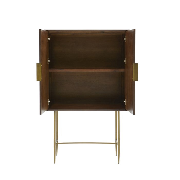 2 Door Wooden Chest with Single Shelf and Metal Base, Brown and Brass