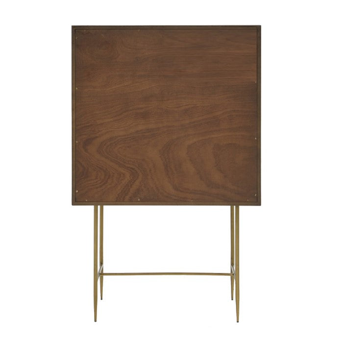 2 Door Wooden Chest with Single Shelf and Metal Base, Brown and Brass