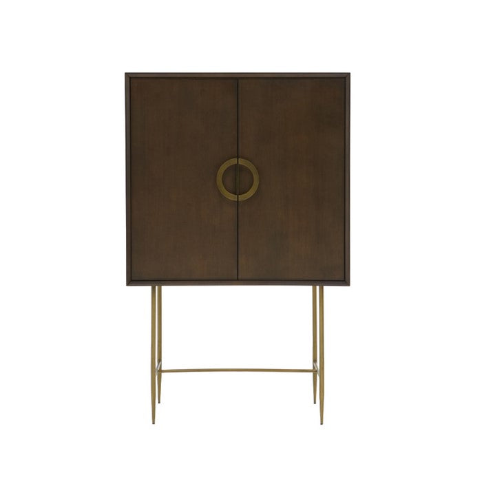 2 Door Wooden Chest with Single Shelf and Metal Base, Brown and Brass