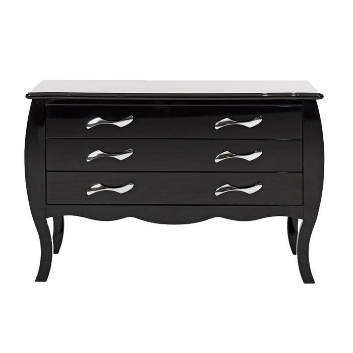 3 Drawer Wooden Dresser with Curved Design and Wave Style Handles, Black