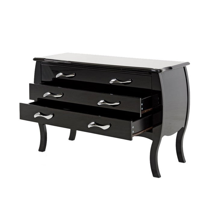 3 Drawer Wooden Dresser with Curved Design and Wave Style Handles, Black