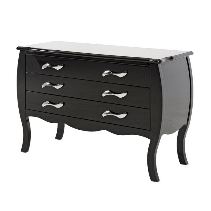 3 Drawer Wooden Dresser with Curved Design and Wave Style Handles, Black