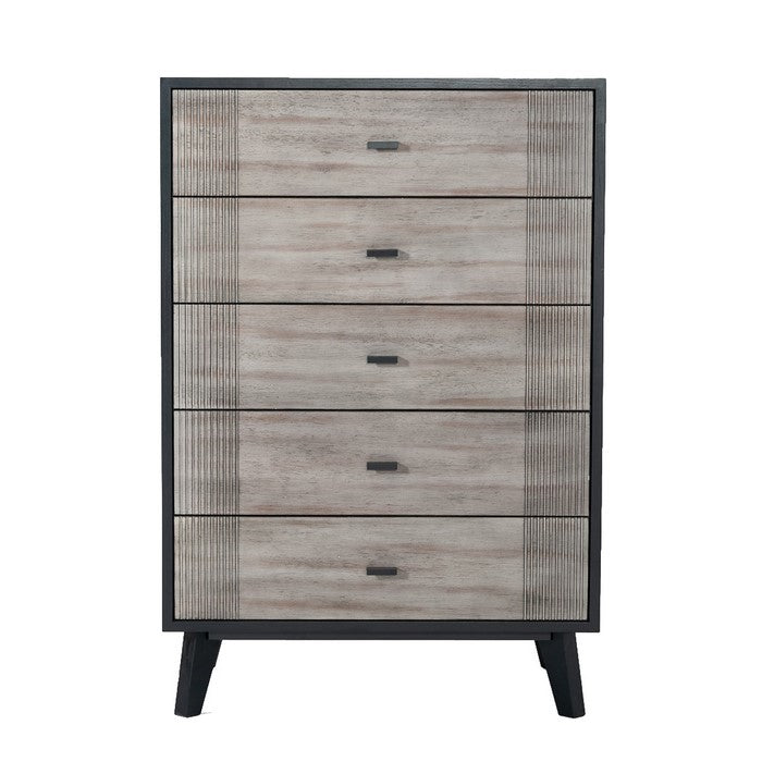 Wooden Chest with 5 Drawers and Metal Bar Handles, Gray and Black