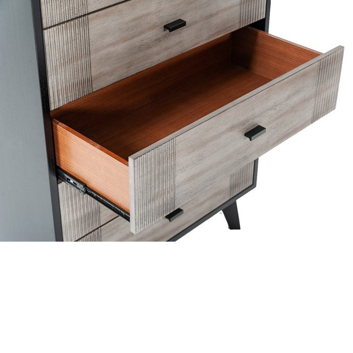 Wooden Chest with 5 Drawers and Metal Bar Handles, Gray and Black