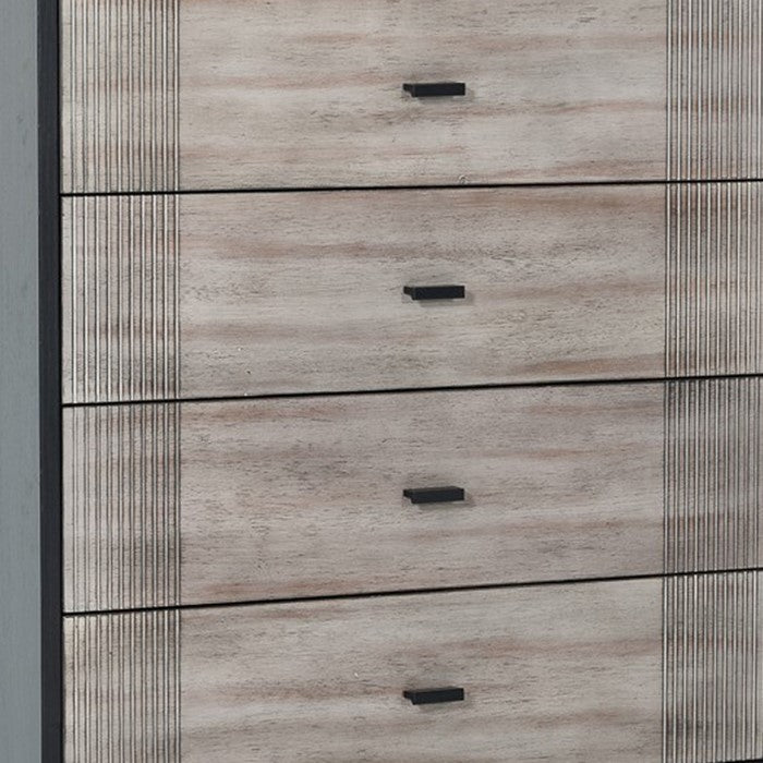 Wooden Chest with 5 Drawers and Metal Bar Handles, Gray and Black