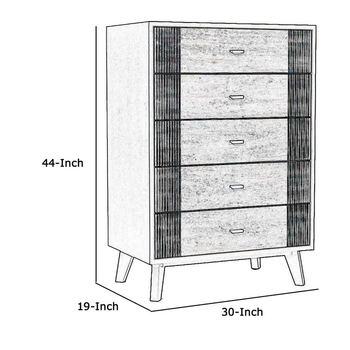 Wooden Chest with 5 Drawers and Metal Bar Handles, Gray and Black