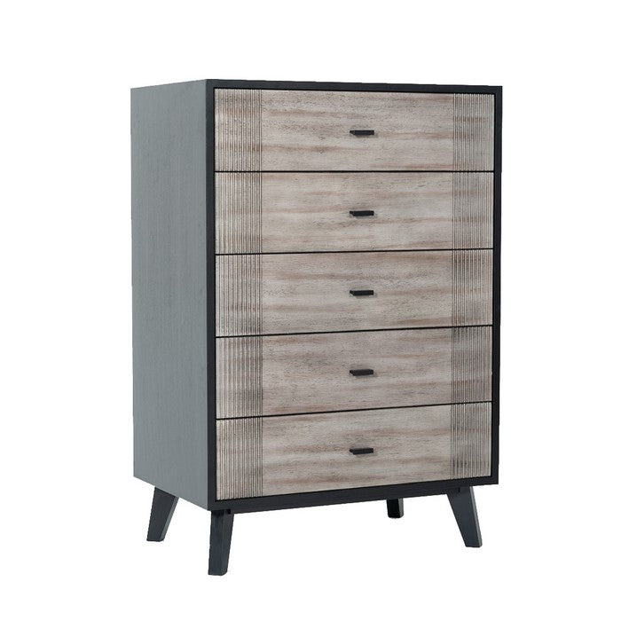 Wooden Chest with 5 Drawers and Metal Bar Handles, Gray and Black