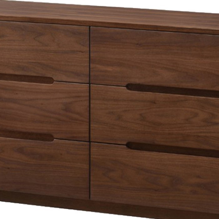 6 Drawer Wooden Dresser with Carved Pulls and Angled Tapered Legs, Brown