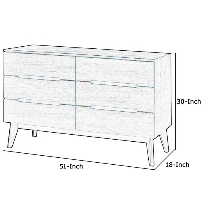 6 Drawer Wooden Dresser with Carved Pulls and Angled Tapered Legs, Brown