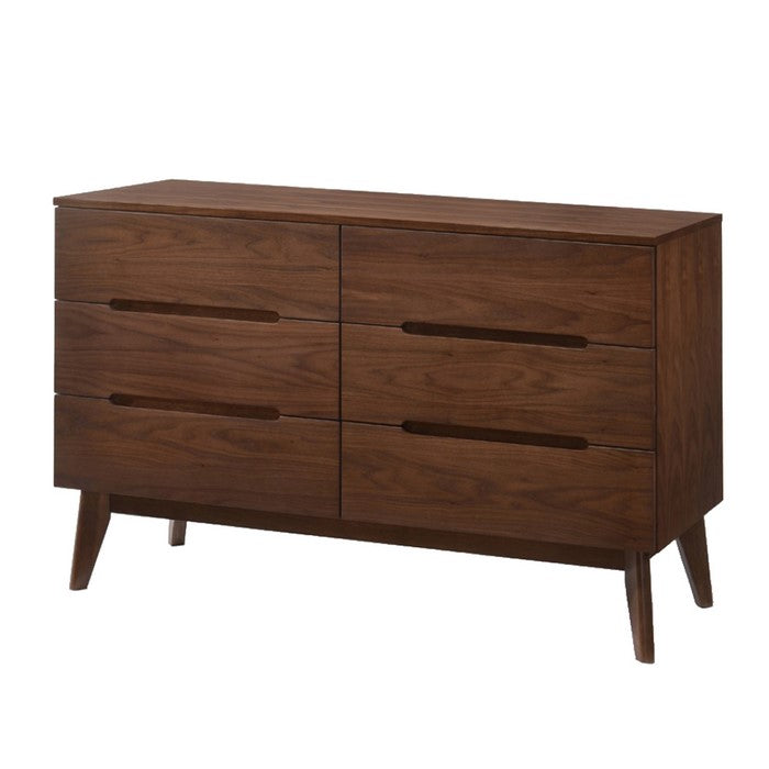 6 Drawer Wooden Dresser with Carved Pulls and Angled Tapered Legs, Brown