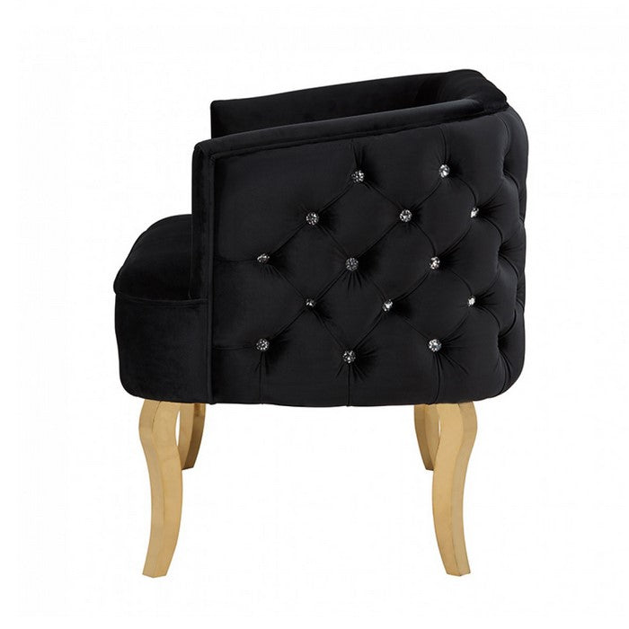 Fabric Upholstered Sofa with Button Tufting and Metal Legs, Black and Gold