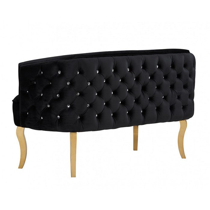 Fabric Upholstered Sofa with Button Tufting and Metal Legs, Black and Gold