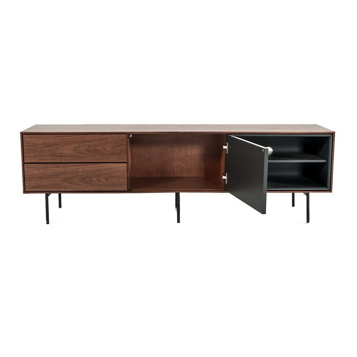 2 Drawer TV Stand with 1 Door and 2 Open Compartments, Gray and Brown