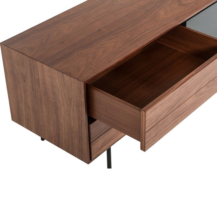 2 Drawer TV Stand with 1 Door and 2 Open Compartments, Gray and Brown