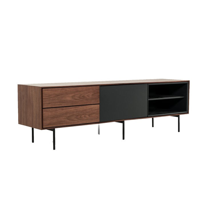 2 Drawer TV Stand with 1 Door and 2 Open Compartments, Gray and Brown