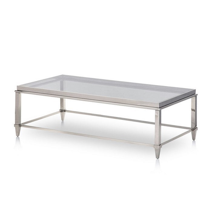 Rectangular Glass Top Coffee Table with Metal Frame, Gray