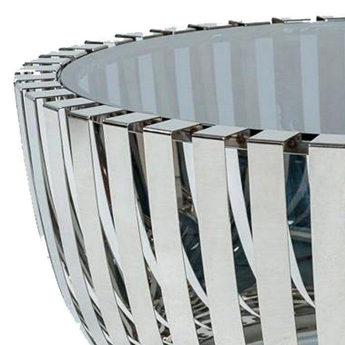 Cage Design Bowl Shaped Coffee Table with Smoked Glass Top,Blue and Silver
