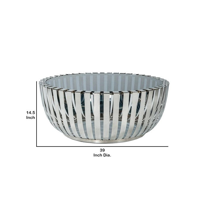 Cage Design Bowl Shaped Coffee Table with Smoked Glass Top,Blue and Silver