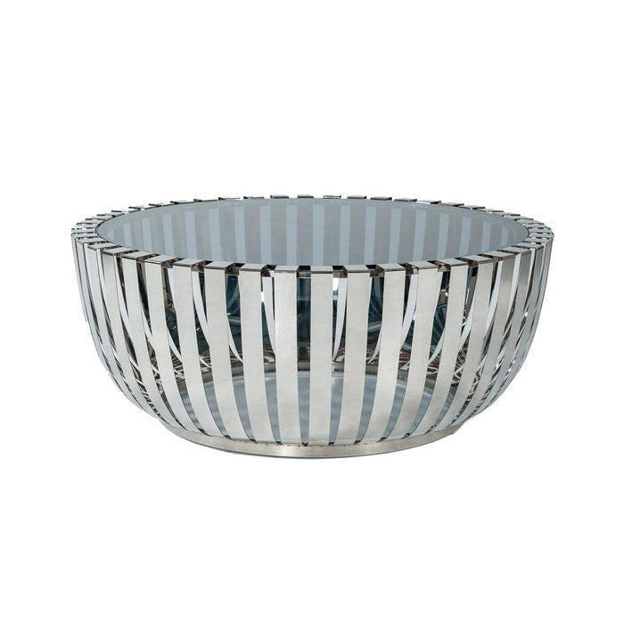 Cage Design Bowl Shaped Coffee Table with Smoked Glass Top,Blue and Silver