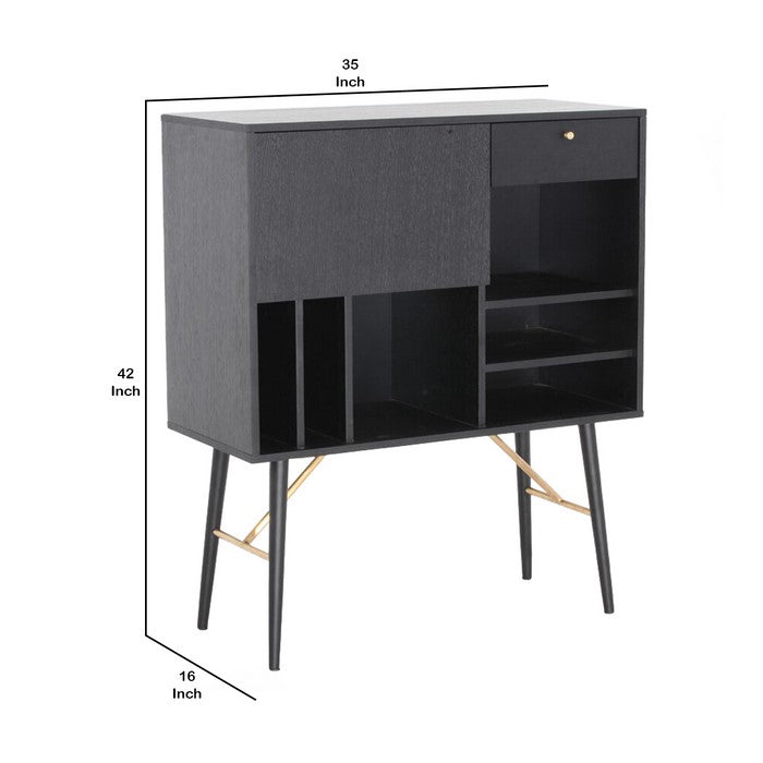 Transitional Buffet with 3 Open Shelves and Hinged Door Storage, Black