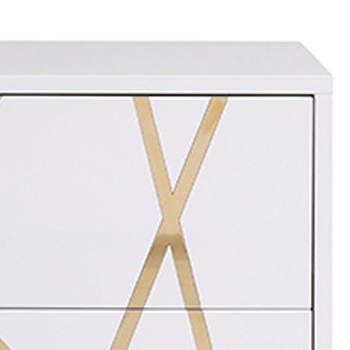 2 Drawer Storage Nightstand with Painted Accents, White and Gold