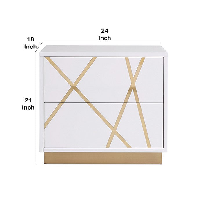 2 Drawer Storage Nightstand with Painted Accents, White and Gold