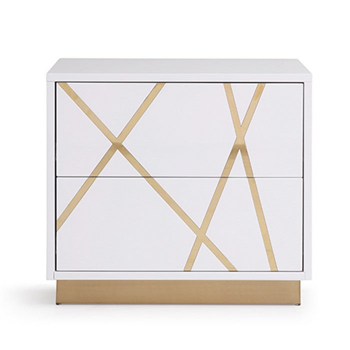 2 Drawer Storage Nightstand with Painted Accents, White and Gold